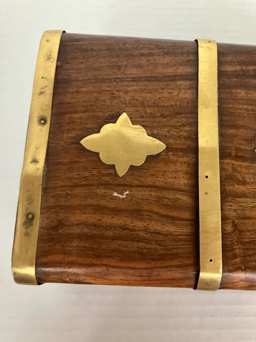 Vintage Wood and Brass Decorative Treasure Box - Sun Motif 8x4x3.5” India‎